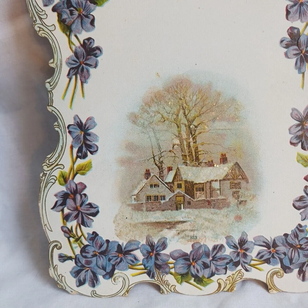Antique Victorian Winter Farm Die Cut Embossed Card